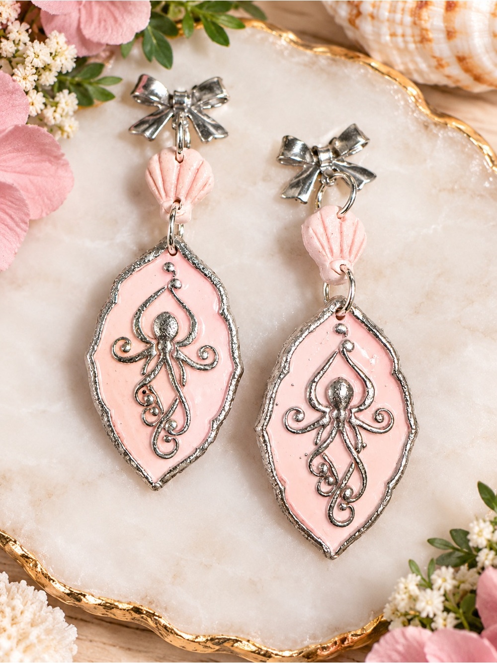 Pink Octopus Drop Handmade Polymer Clay Earrings with Silver Accents